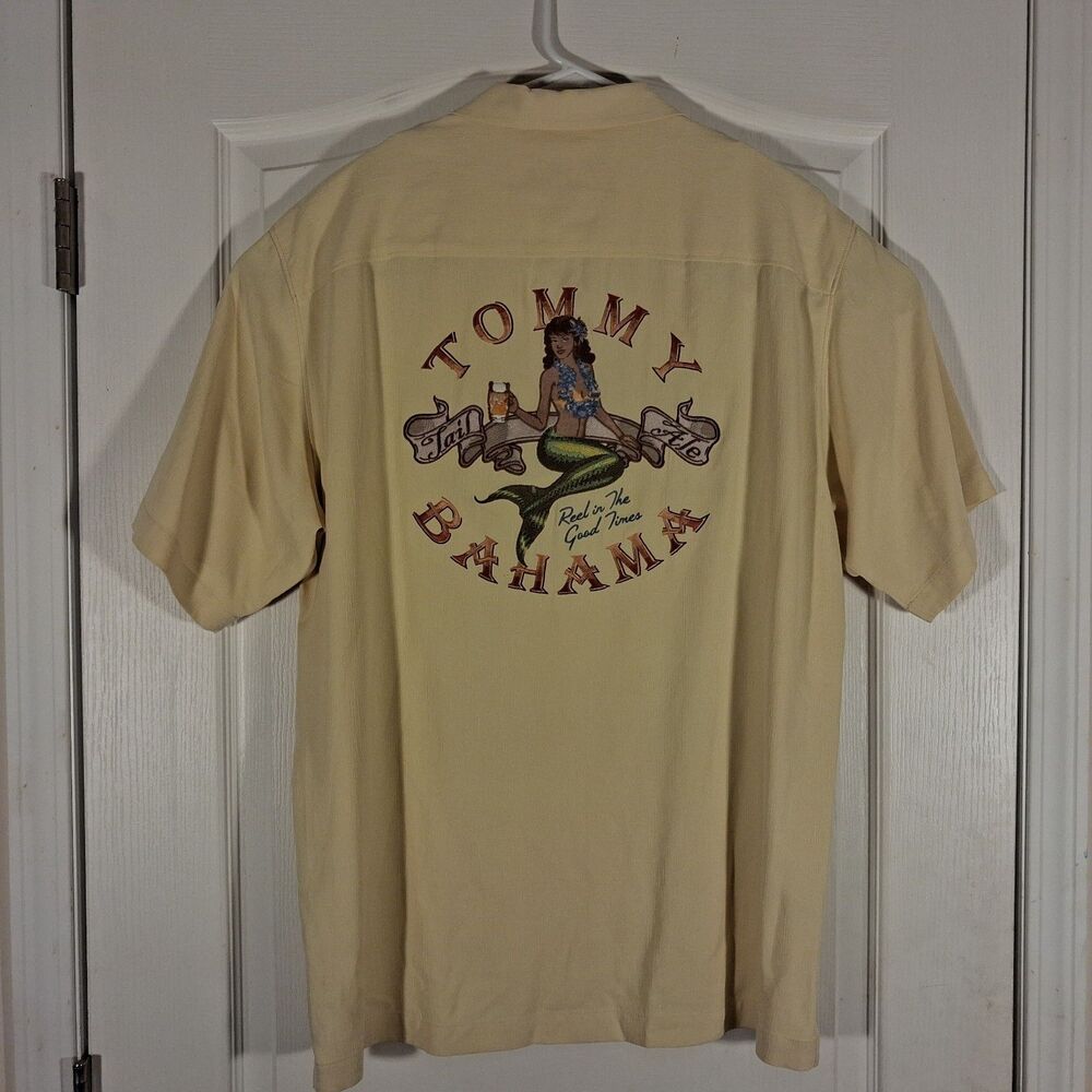 Tommy bahama shirt mens M Medium yellow embroidered mermaid 100% silk short sl